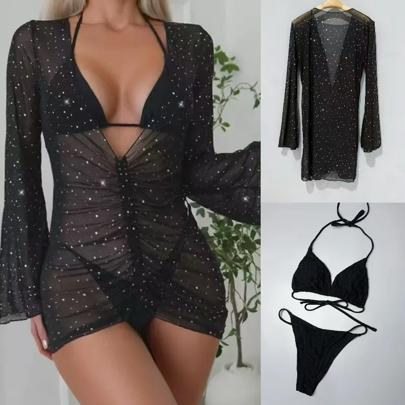 

Sexy Long Sve Bikini Women's Swimsuit Tee-Point Strapl Thermal Spring with Chest Pad Separate Design Swimming Costume