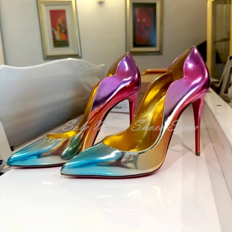 

Thin Heel Luxury Metal Gradient Pointed Toe Pumps Banquet Wave Design Dress Shoes Elegant Patent Leather Women's Wedding Shoes