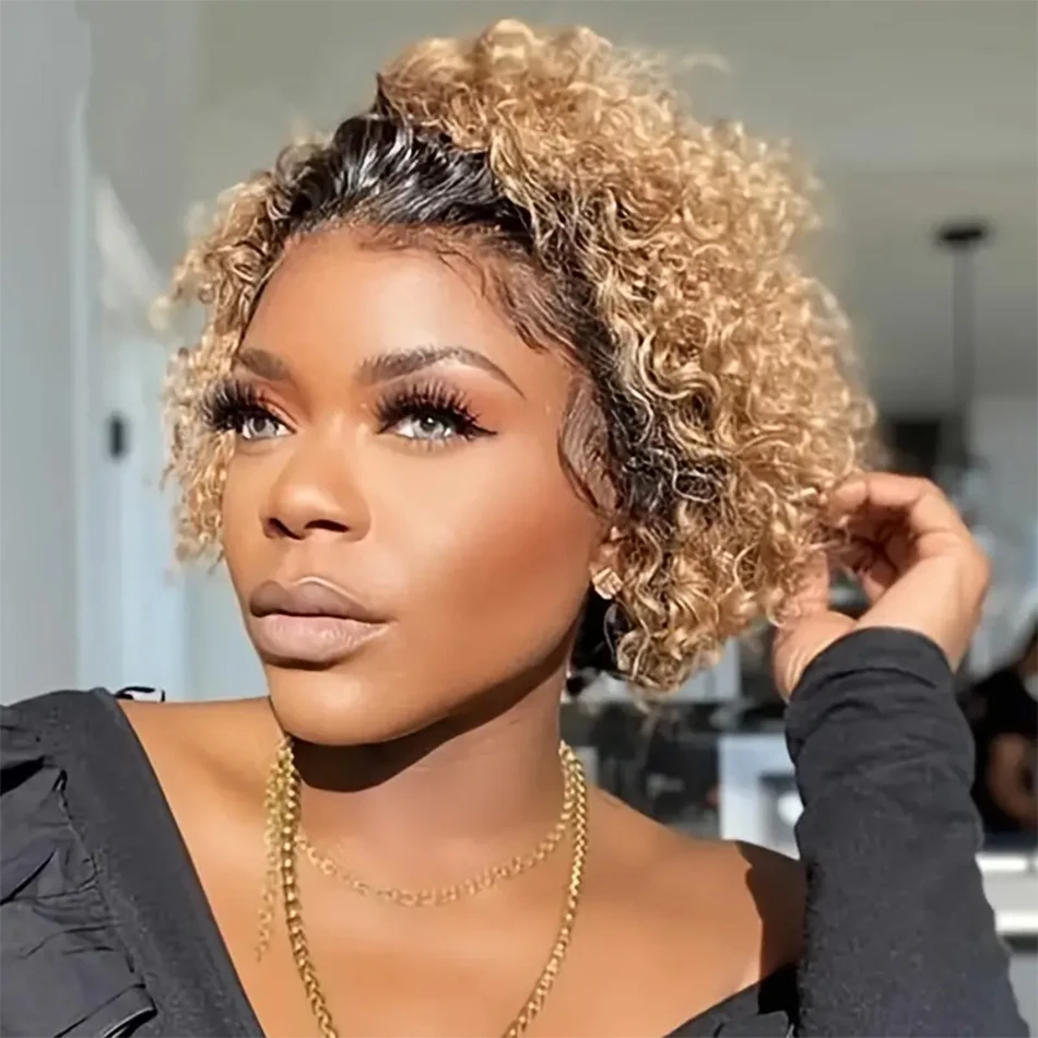 Curly Pixie Cut Wig Lace Human Hair Wig Water Wave Short Bob Wig 13X1 Transparent Lace Wig Wig Ombre Burgundy