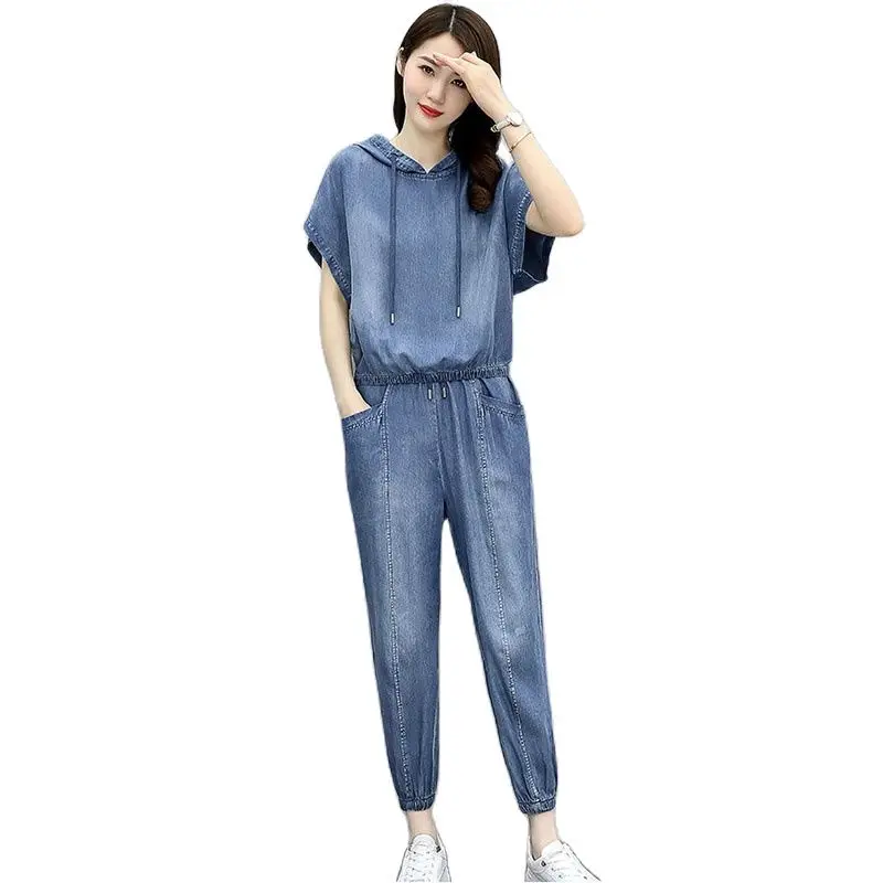 2025 New Summer Women Hooded Denim Two-Piece Suit  Fashion Blast The Street Sportswear Female Casual Loose 2 Piece Set Female