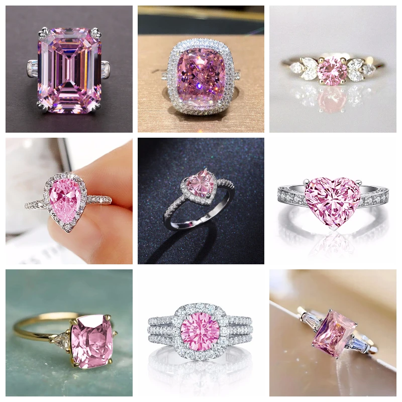Huitan Ring mit rosa Zirkonia für Damen, elegant, stilvoll, geometrisch geformt, trendig, charmant, Party-Schmuck, Hochzeitsaccessoires