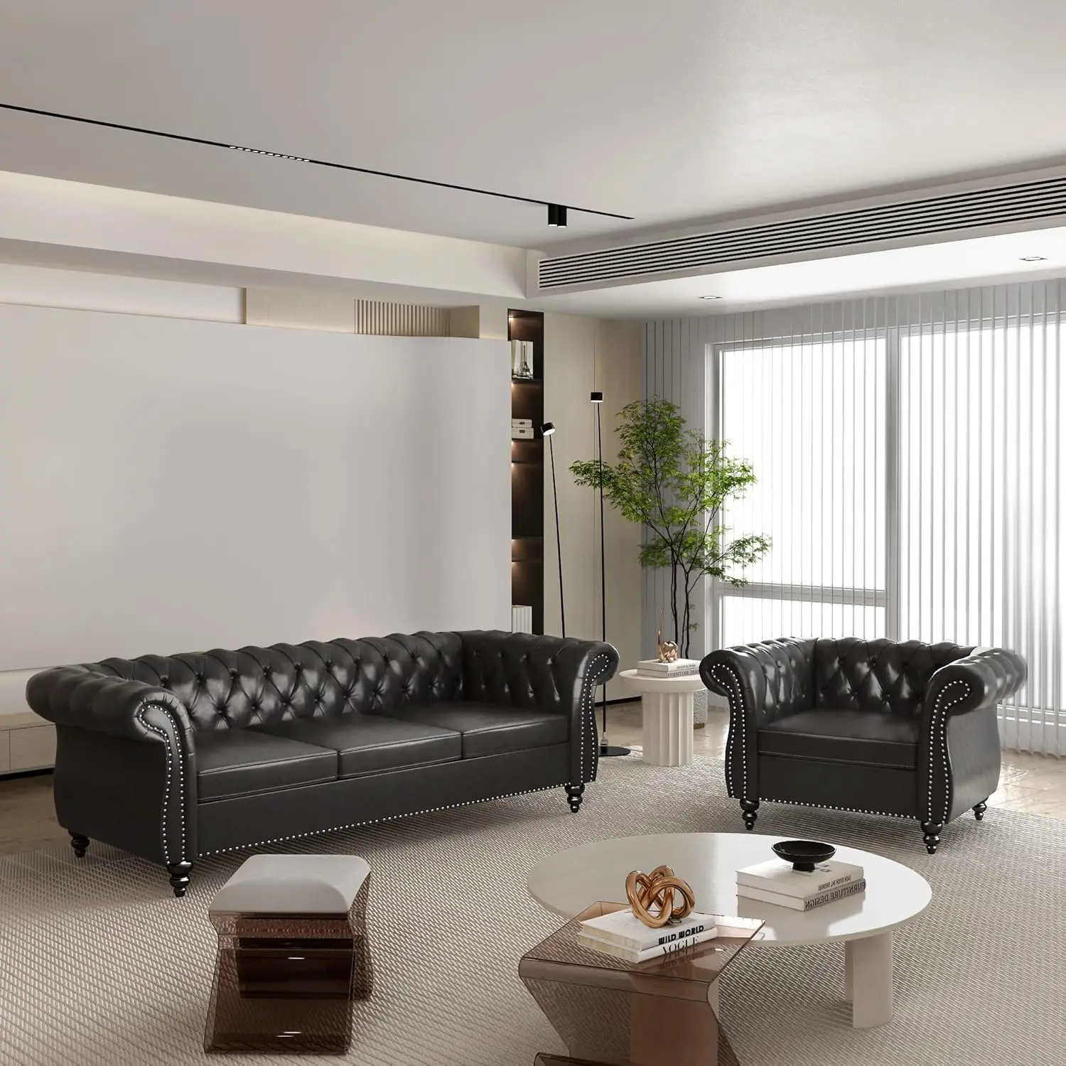 

2 Piece Living Room Set, Chesterfield Leather Sofa Loveseat Couch Chair with Scroll Arms and Nailhead for Living Room, Office