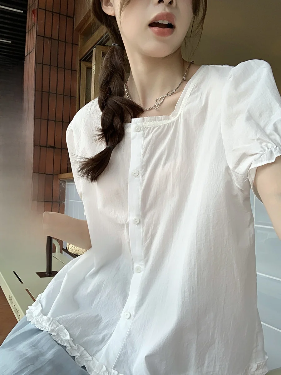 

Hollyii Sweet Square Collar Bubble Sleeve Short Shirt Women's Top Summer 2025 New Style Commute Loose Fit Pure Color Splice