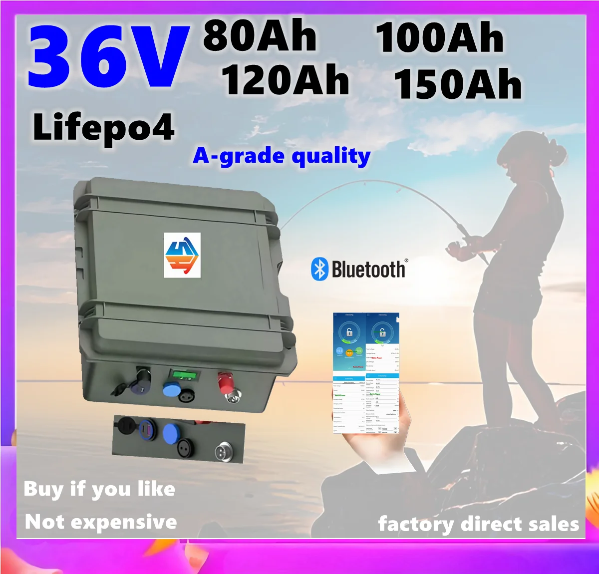 

waterproof36V LiFepo4 100Ah 80Ah 120Ah 150Ah Lithium Battery with Bluetooth BMS for Ttrolling Motor Propeller Boat Solar System