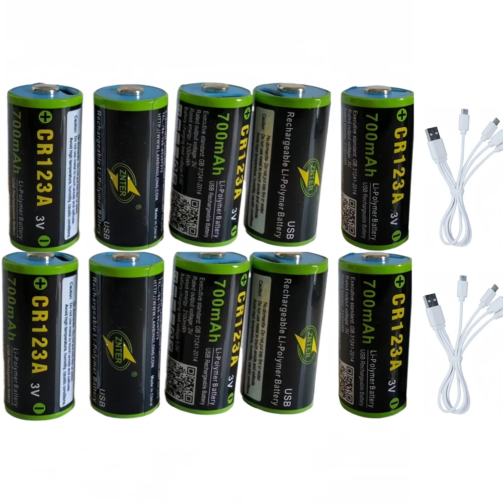 

10PCS ZNTER 700mAh CR123A rechargeable lithium battery 3.0V USB 16340 rechargeable battery with USB cable charging