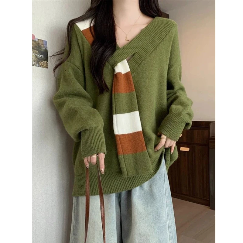 Autumn Winter Women's Korean Chic Striped Scarf Design Knitted Sweater Y2K V Neck Long Sleeve Loose Pullover Tops Thick Jumpers