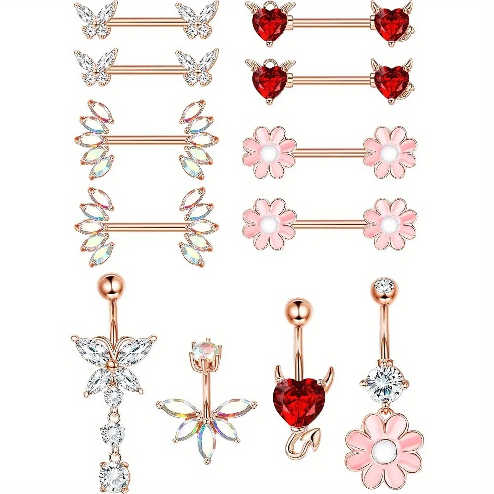 FINREZIO 1Pc 14G Stainless Steel Enhance Your Style with Exquisite Butterfly and Flower Design Navel Barbell & Nipple Ring Combo