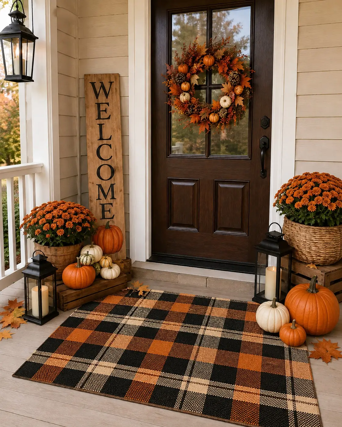 2D FlatM Buffalo Plaid Checkered Outdoor Floor Mat Suitable For Fall Winter Decor, / Door With Coffee & White Checkered, Machine Washable Welcome Mat For Porch, Patio, Entryway Entrancehalloween/Halloween Decor/Fall Decor/Home Decor