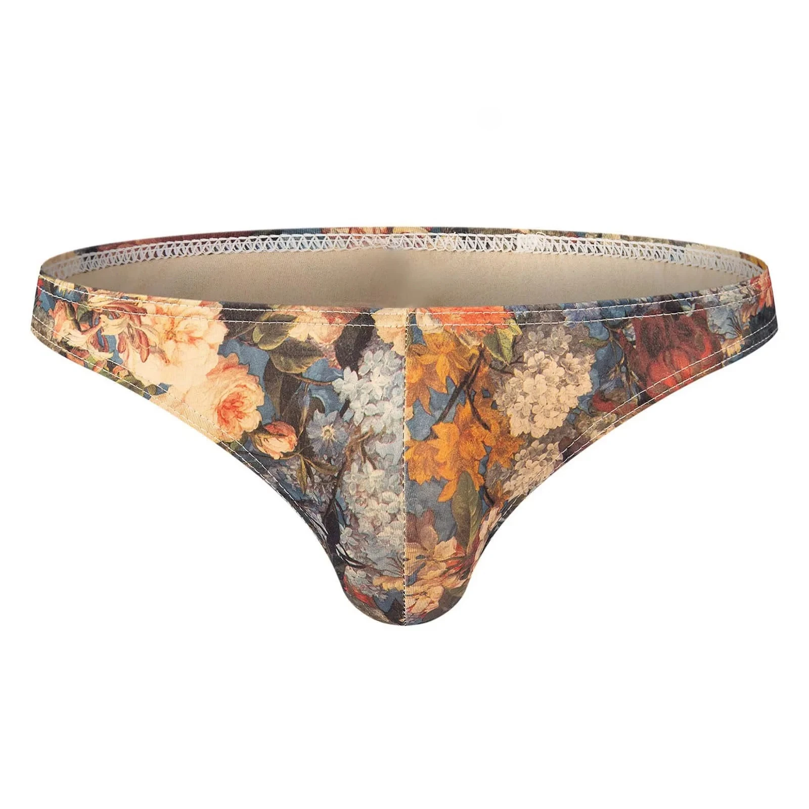 Men's Bulge Vintage Court Style Printed Briefs Milk Silk High Elastic Low-Rise Thong Bikini Underwear Sissy Porn High Fork Tanga