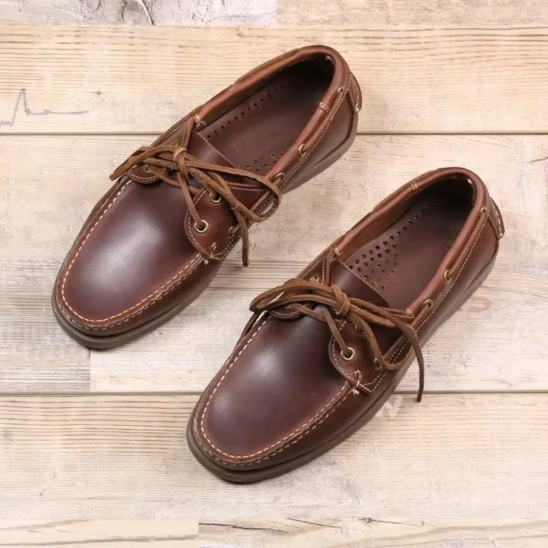 

Handmade Genuine Leather Slip on Loafers Men's British Casual Oxfords Youth Breathable Work Walking Dress Sailing Shoes Male