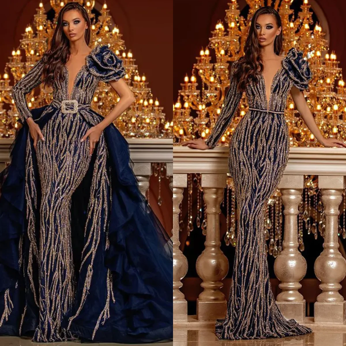 

Luxury Two Pieces Evening Dresses with Detachable Train Arabic Formal Celebrity Dress Vestidos Beaded robes de soirée Party