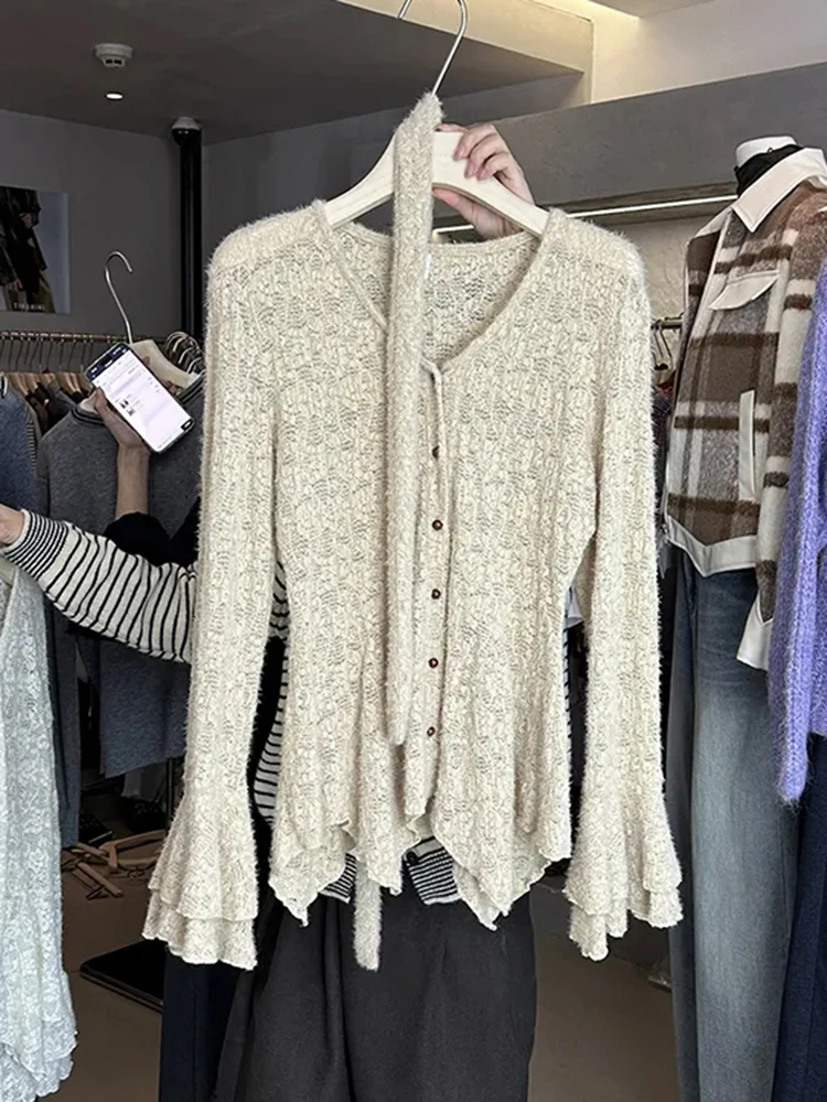 Autumn Lace Ruffle Long Sleeve Shirt Women Korean Sexy V Neck Single Breasted Female Tops Elegant Streetwear Hollow Out Blouse