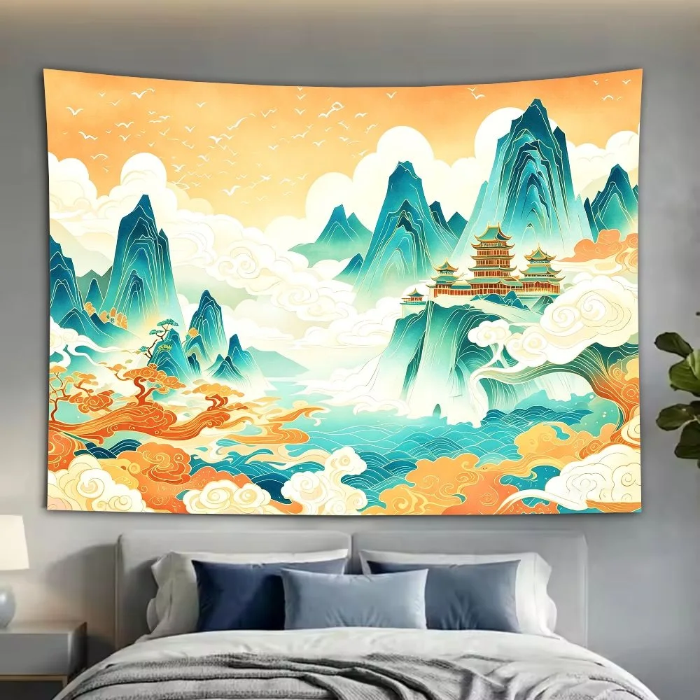 VIKAMA Chinese Oriental Style Tapestry Wall Hanging, Wall Art for Living Room Bedroom Office Study Room Tea Room Decor