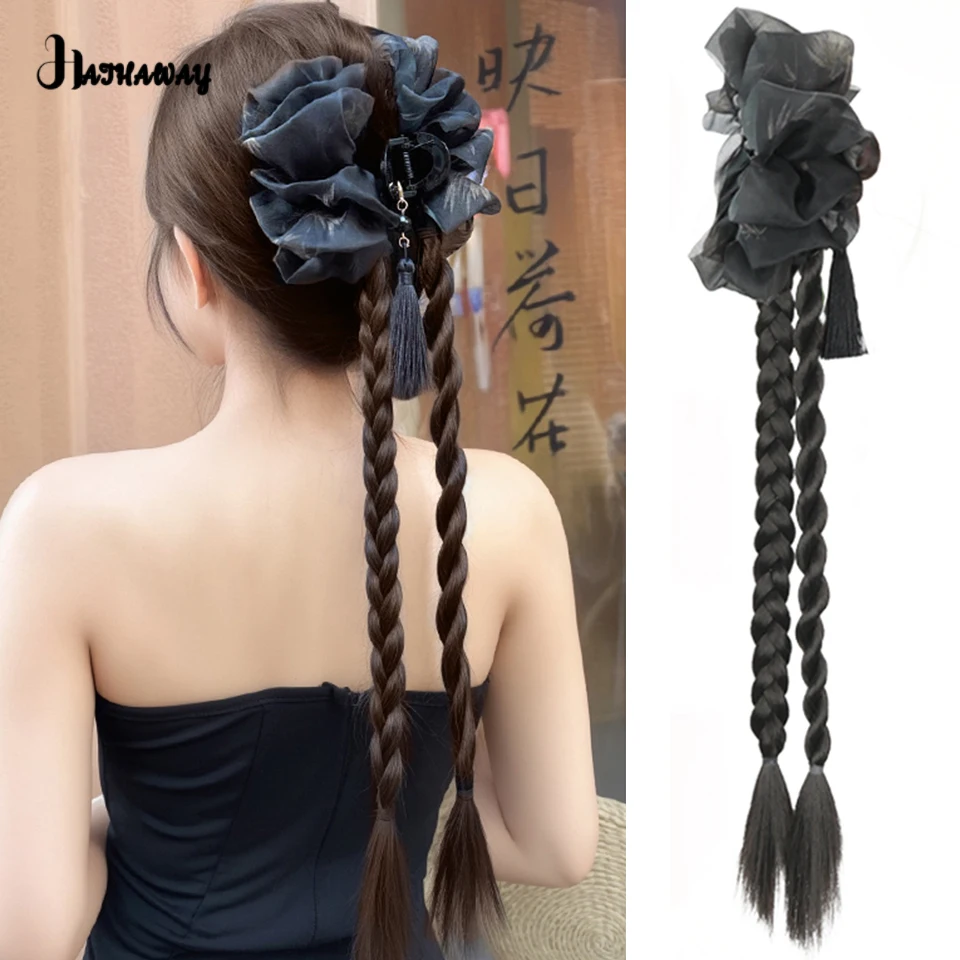 20 Inch Twist Braid Female Synthetic Grab Clip Ponytail New Chinese Antique Twist Braid Integrated Side Ink Tassel Ponytail Wig