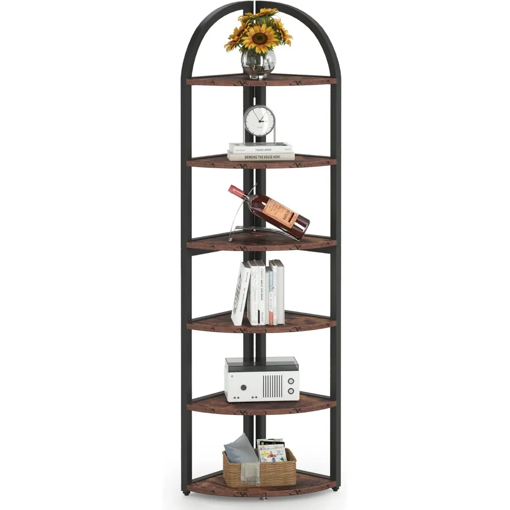 

6-Tier Corner Shelf Stand, Freestanding Corner Bookshelf with Adjustable Feet, Rustic Brown Storage Rack for Living