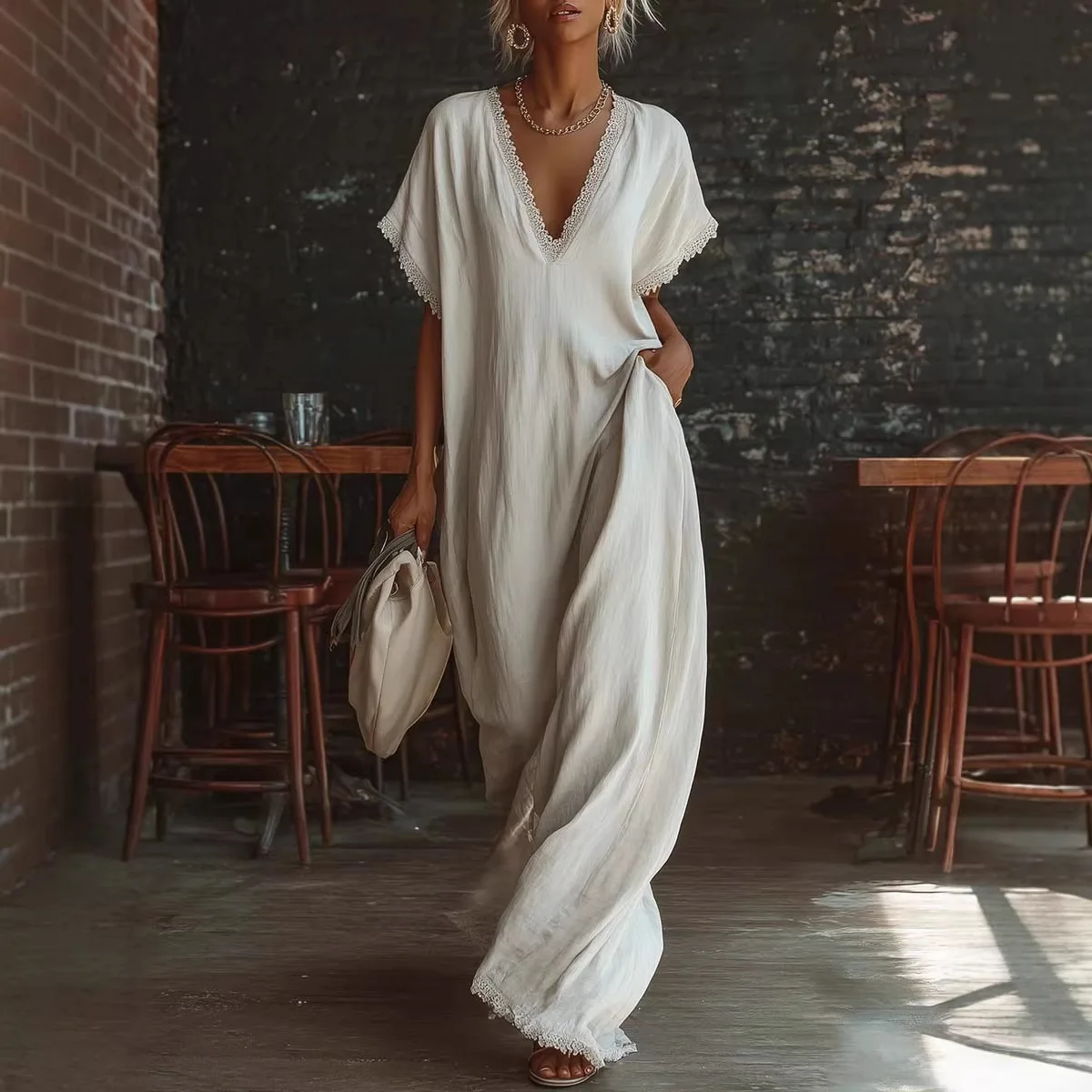 

Summer Short Sleeve Maxi Dress For Women Elegant Solid Lace V Neck Casual Long Dress Fashion Casual Vacation Boho Dress