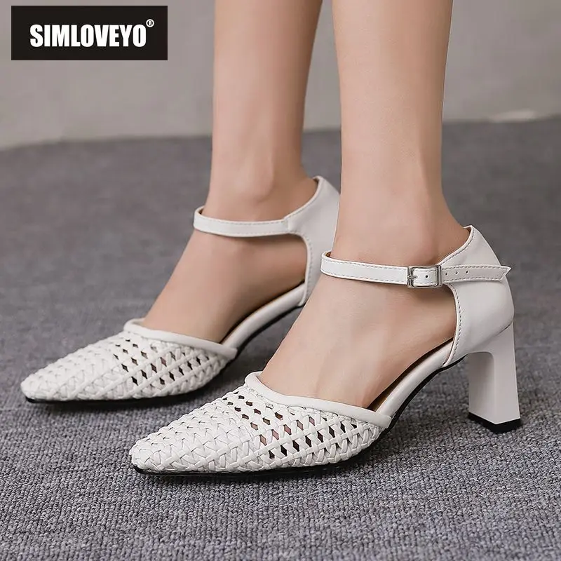 

SIMLOVEYO Бренд 2025 Модные женские сандалии с круглым носком на высоком каблуке 7 см с пряжкой и ремешком Расширенный размер 44 45 Sweet Dating Женская осень