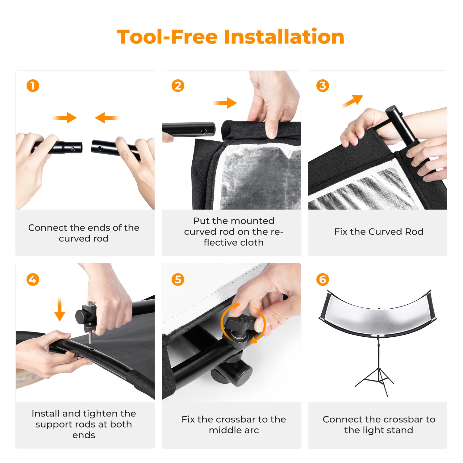 K&F CONCEPT 180x60cm/100x45cm U-Shape Curved Reflector with 4-in-1 Reflective Fabric 1.9m/1.5m Light Stand Photography Studio