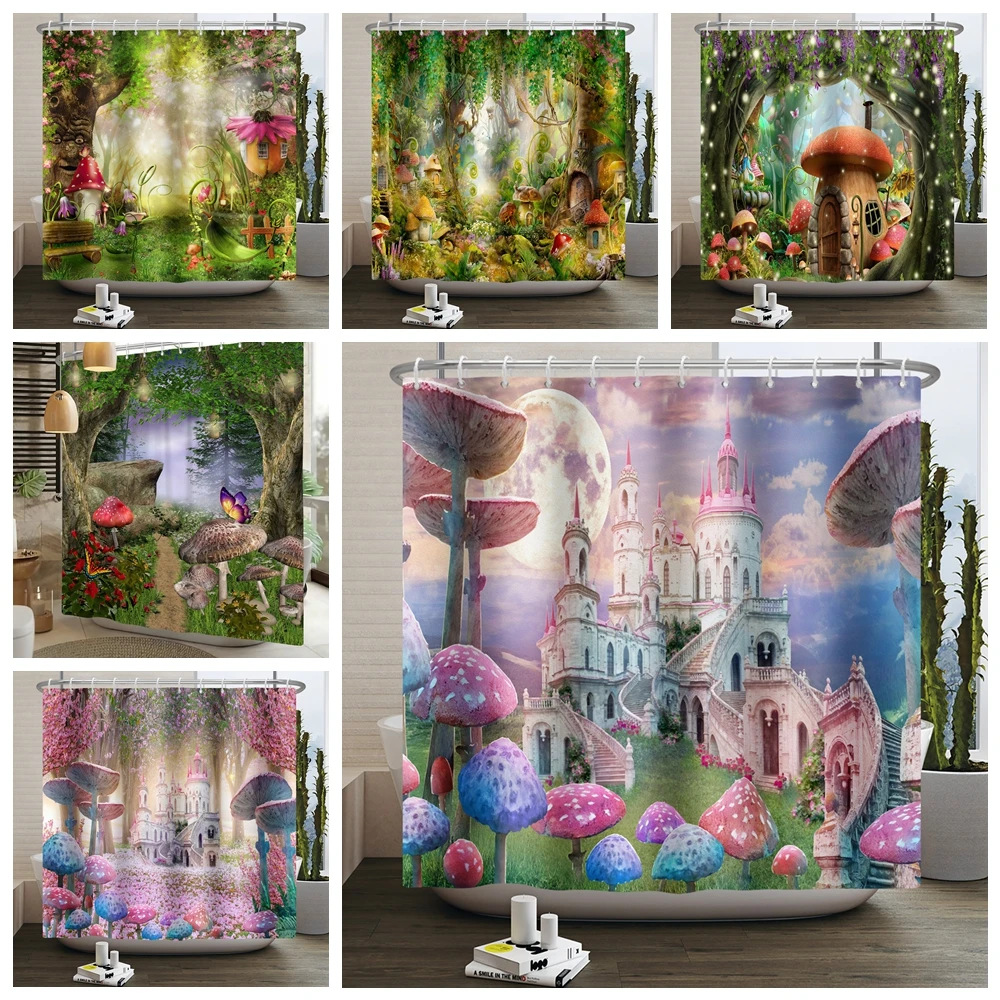 Dreamy Enchanted Forest Shower Curtain Psychedelic Mushroom Castle Butterfly Waterproof Home Bathroom Bathtub Curtain With Hooks