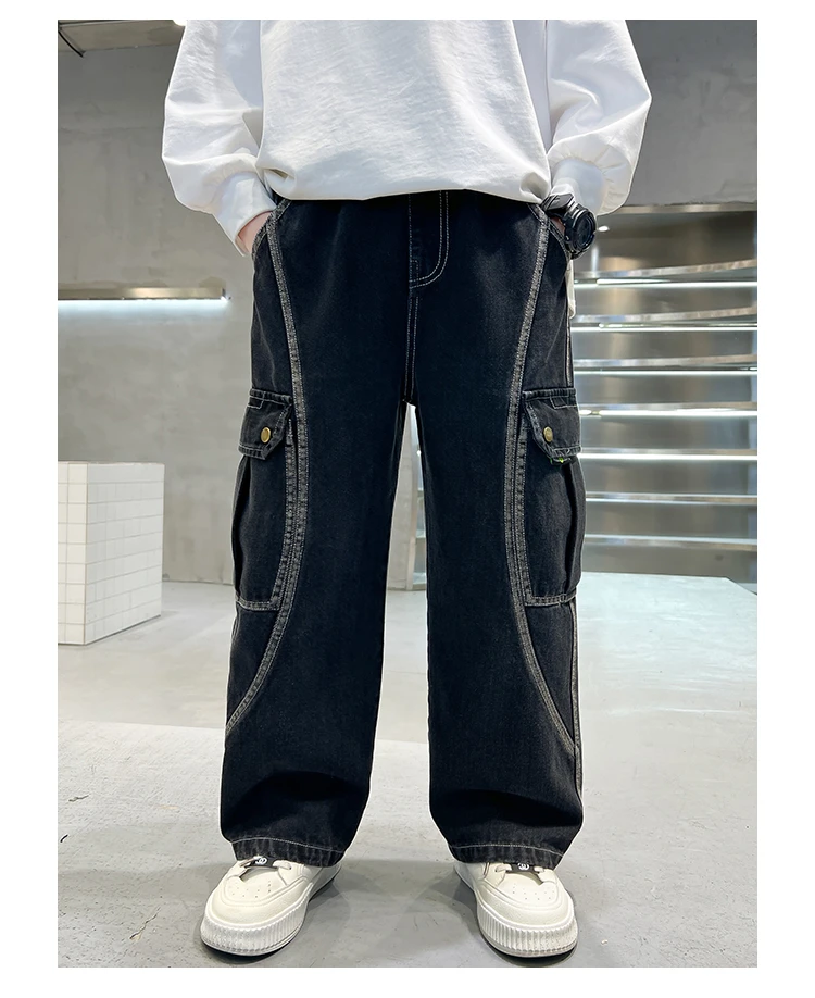 Neue lässige Kinder-Cargo-Jeans mit geradem Bein und Taschen für Teenager-Jungen, modische Street-Denim-Hosen, elegante Hosen für Kinder. – Detail 9