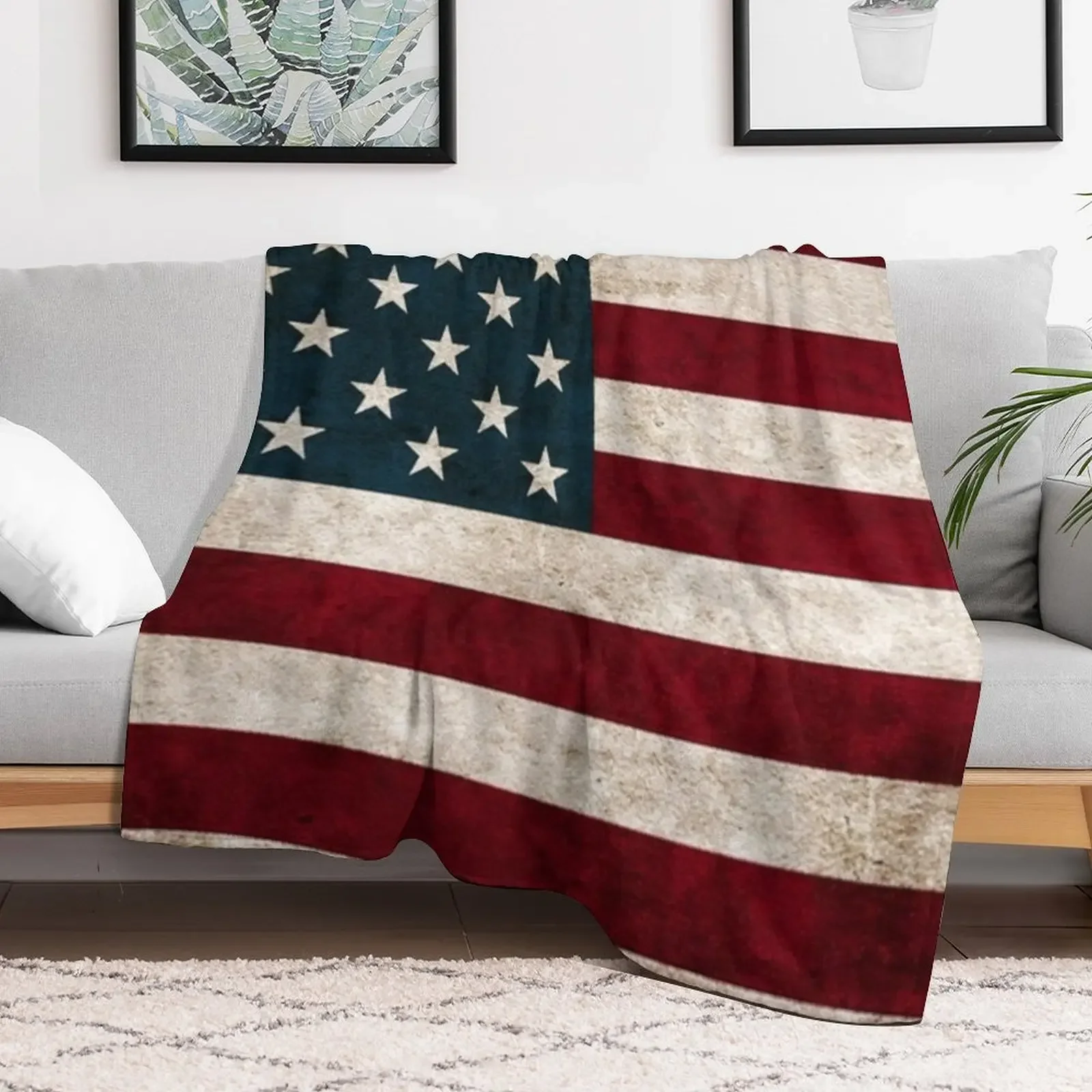 USA American Flag Throw Pillows, Aged American Flag, Red White and Blue Throw Blanket Easy Care Comfortable Blanket for Couch