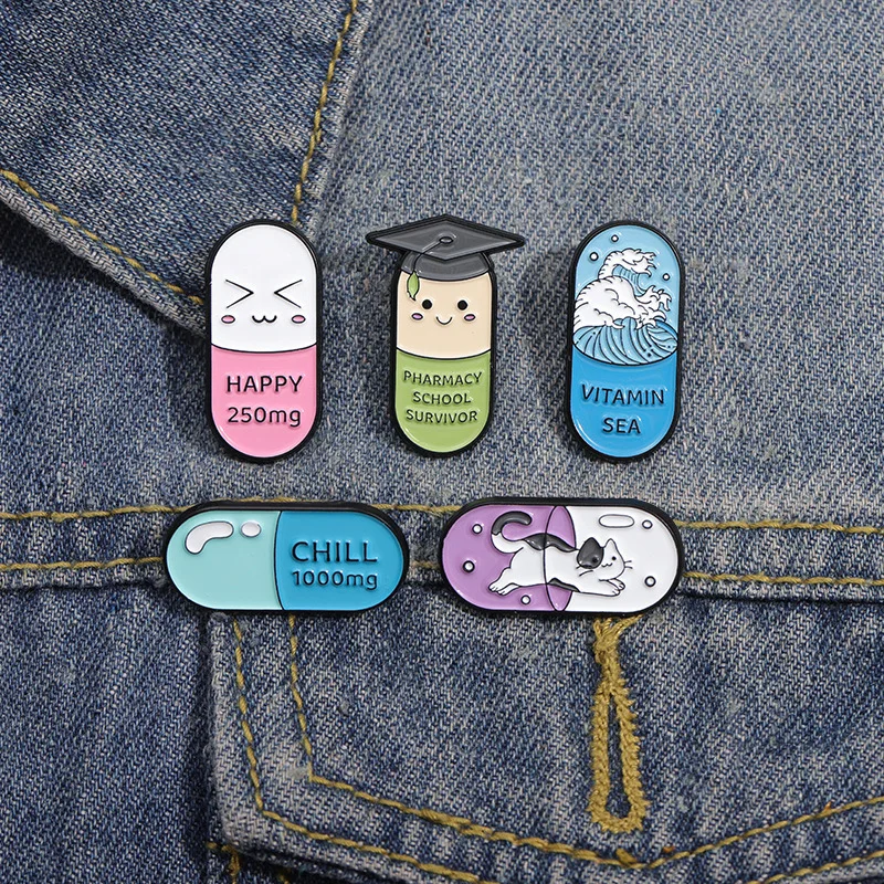 Happy Capsule Pill Enamel Pins Cartoon Cute Brooch Chill Vitamin Sea Medicine Brooch Bag Badge Jewelry Gifts for Medical Student