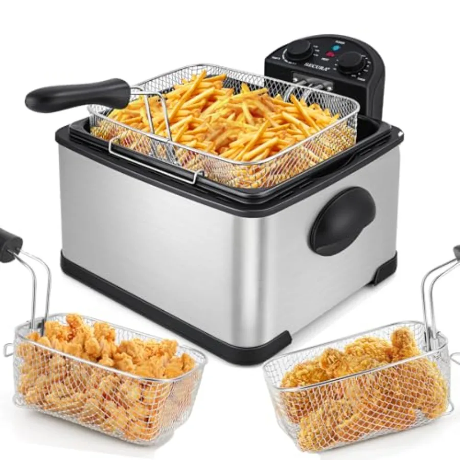 

4 Liters 17-Cup Stainless-Steel 1700-Watt Electric Deep Fryer with Timer Free Extra Odor Filter Triple Basket 4.5 Quarts Silver