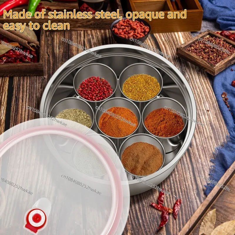 Masala Dabba Caja de especias Contenedores de acero inoxidable con tapa transparente india de 7 compartimentos