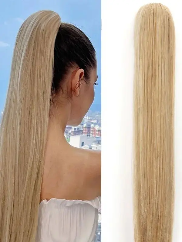 合成24インチの爪留め式ロングストレートテールヘアエクステンション、着脱が簡単、耐久性があり自然な見た目