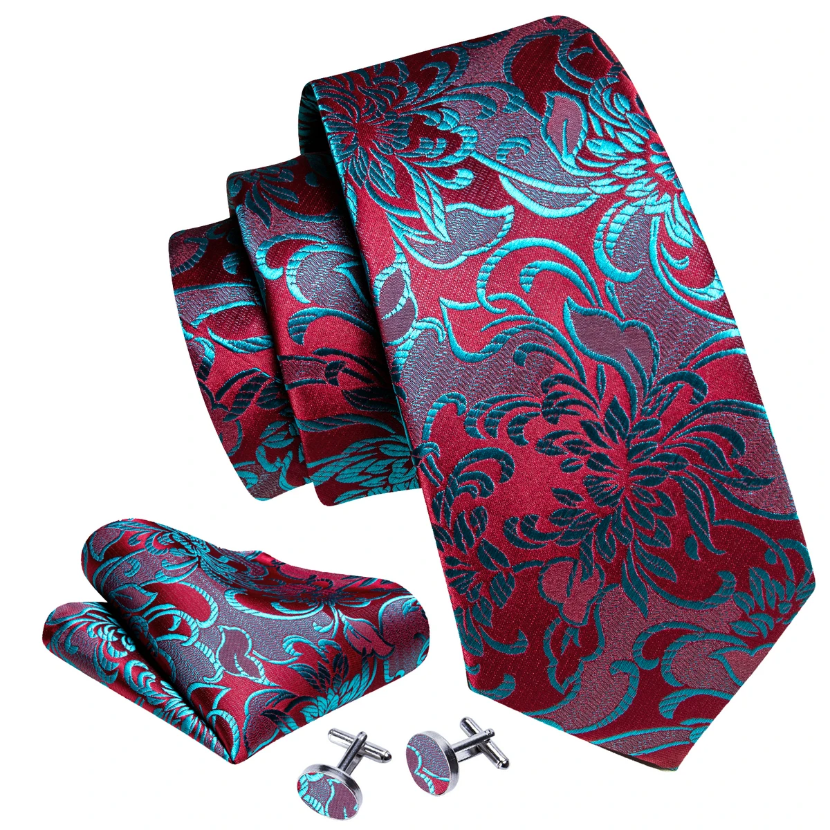Fashion Silk Red Blue Teal Floral Men Tie Set Necktie Handkerchief Cufflinks Wedding Gift Barry. Wang Tie Pin Brooches A-6074
