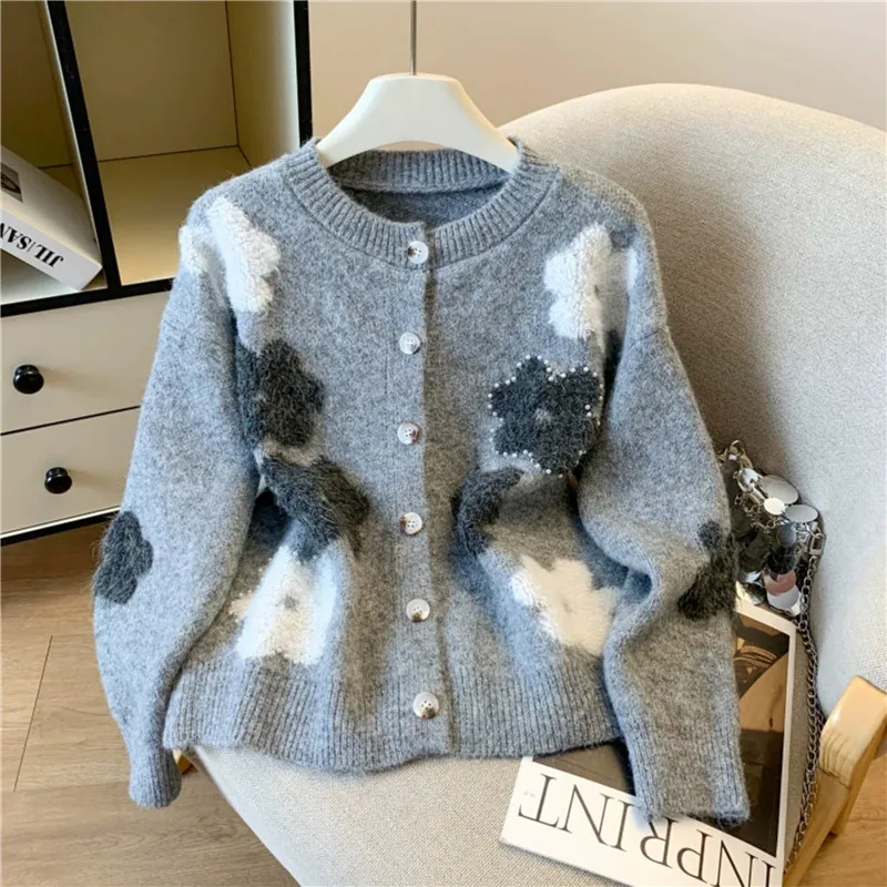 Vintage Pearl Beaded Embroidery Flower Knitted Sweater Autumn Women Short Cardigan Jacket Round Neck Long Sleeve Ladies Knitwear