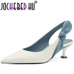 【JOCHEBED HU】Summer Genuine Leather Shoes Women Pointed Toe Thin Heel Sandals Brand Slingback Knot Sandals Big Size 33-42