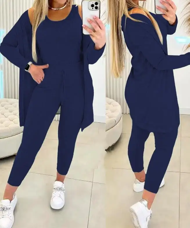 European and American women's 2024 spring/summer new women's casual solid color round neck vest and drawstring pants set