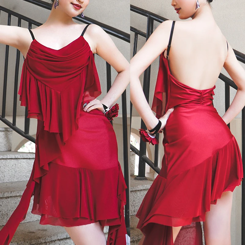 

Latin Dresses 2025 New Women Red Summer Spaghetti Strap Dress Sexy Open Back Performance Outfit Adult Practice Dancewear VDL3919