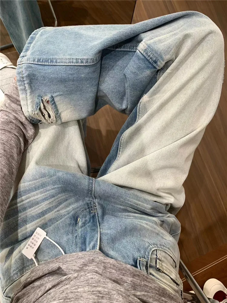 

American Style Vintage Light Blue Wide Leg Jeans Women Loose Slimming Tall Extended Straight Tube Floor-Length Pants