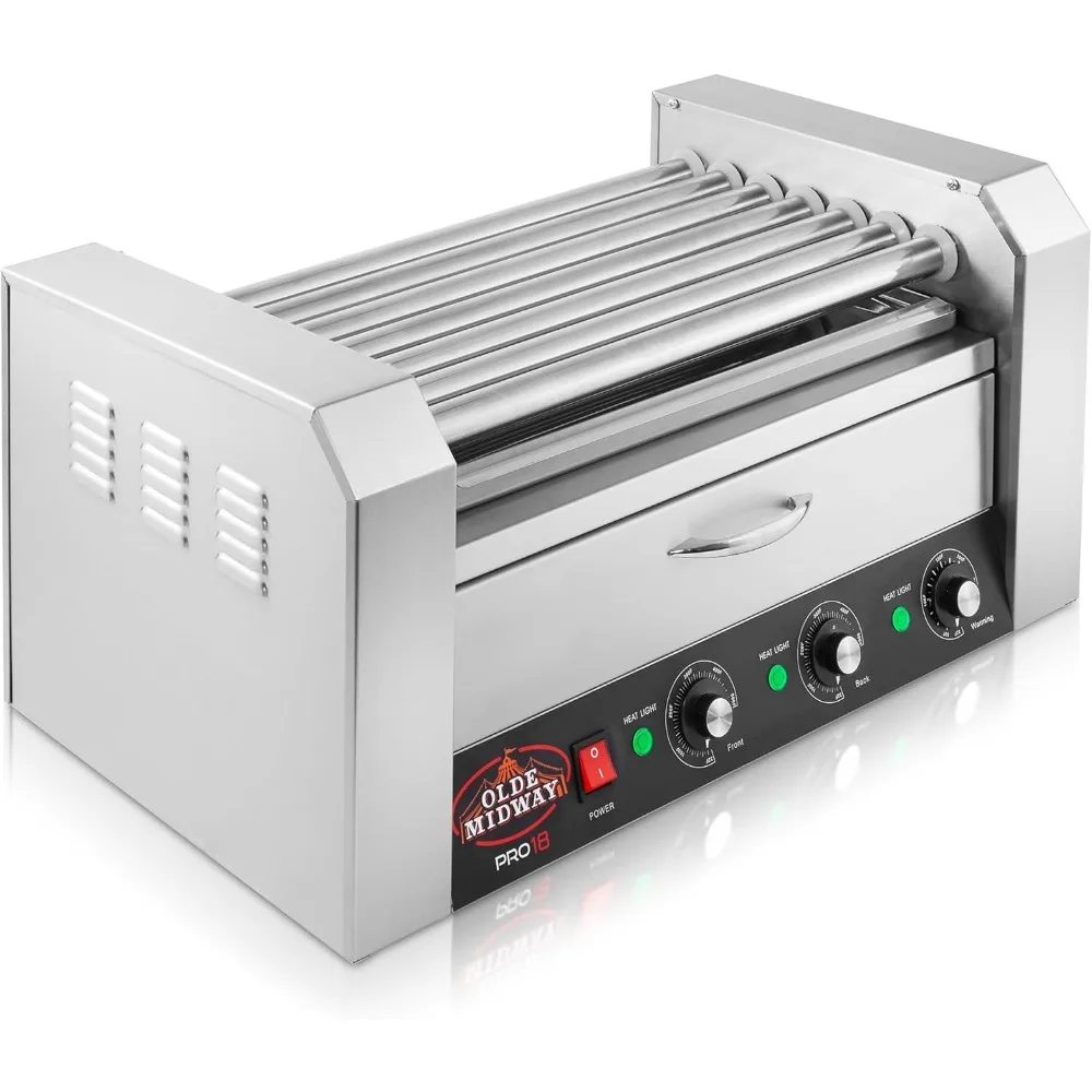 Electric 18 Hot Dog 7 Roller Grill Cooker Machine with Bun Warming Drawer Commercial Grade Stainless Steel