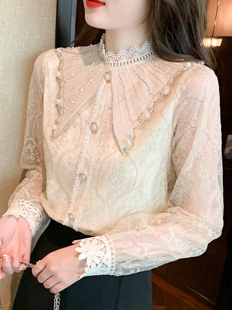 French Elegant Lace Shirt 2022 New Fall Women Clothing Luxury Chic Beads Embroidery Cute Doll Collar Long Sleeve Blusas Top Lady