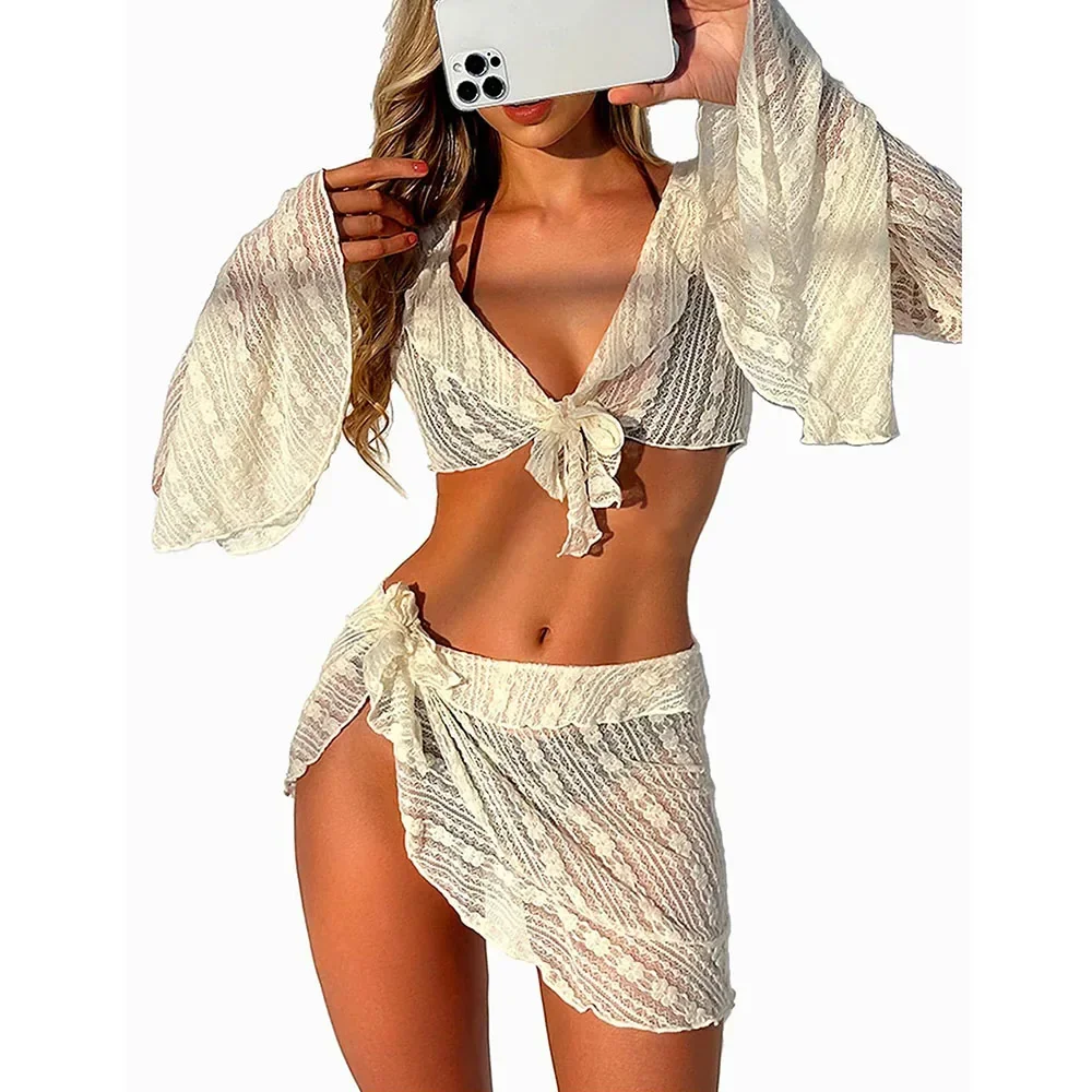 

Women's 4 Piece Bikini Halter Neck Triangle Set High Cut Bikini Lettuce Trim Swimsuit Bathing Suit Cover Up Set