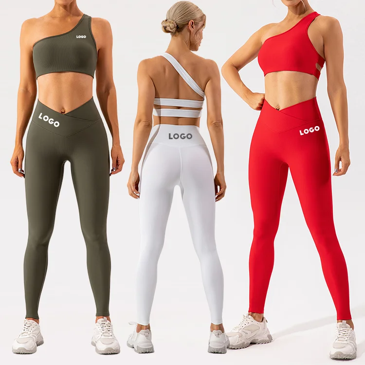 new yoga clothes cross waist gym pant one shoulder padded bra 2 pieces women workout sets