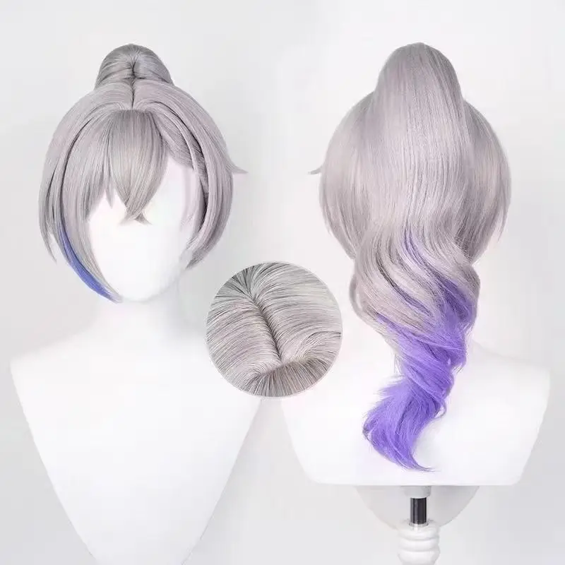 Honkai Star Rail Silver Wolf Cosplay Wig, Grey Gradient Purple Blue Ponytail Heat Resistant Synthetic Wig for Halloween Party