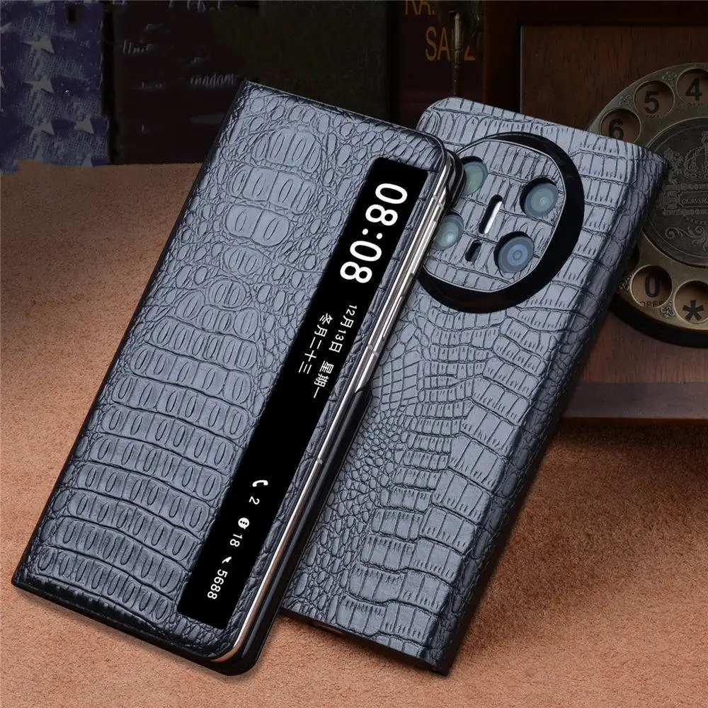 

Genuine Cowhide Leather Crocodile Flip Case for Huawei Mate X6 Window View Business Cover