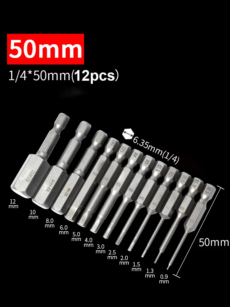 

12pcs Electric 1/4‘’ Shank Hex Screwdriver Bits Set S2 Steel Inner Hexagon screw driver Magnetic H0.9 H1.3 H1.5 -H12 50mm length