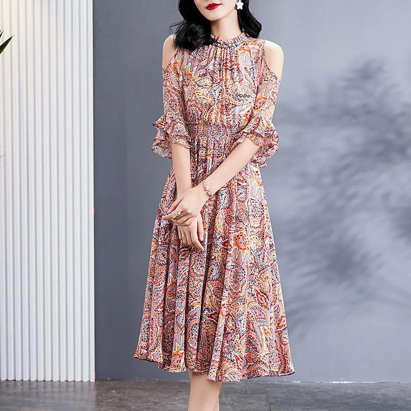 Summer New Floral Soft Pure Mulberry Silk Dress Swing Slim A-line Pullover Ladies Vacation Style Off-the-shoulder Thin Dresses image 2
