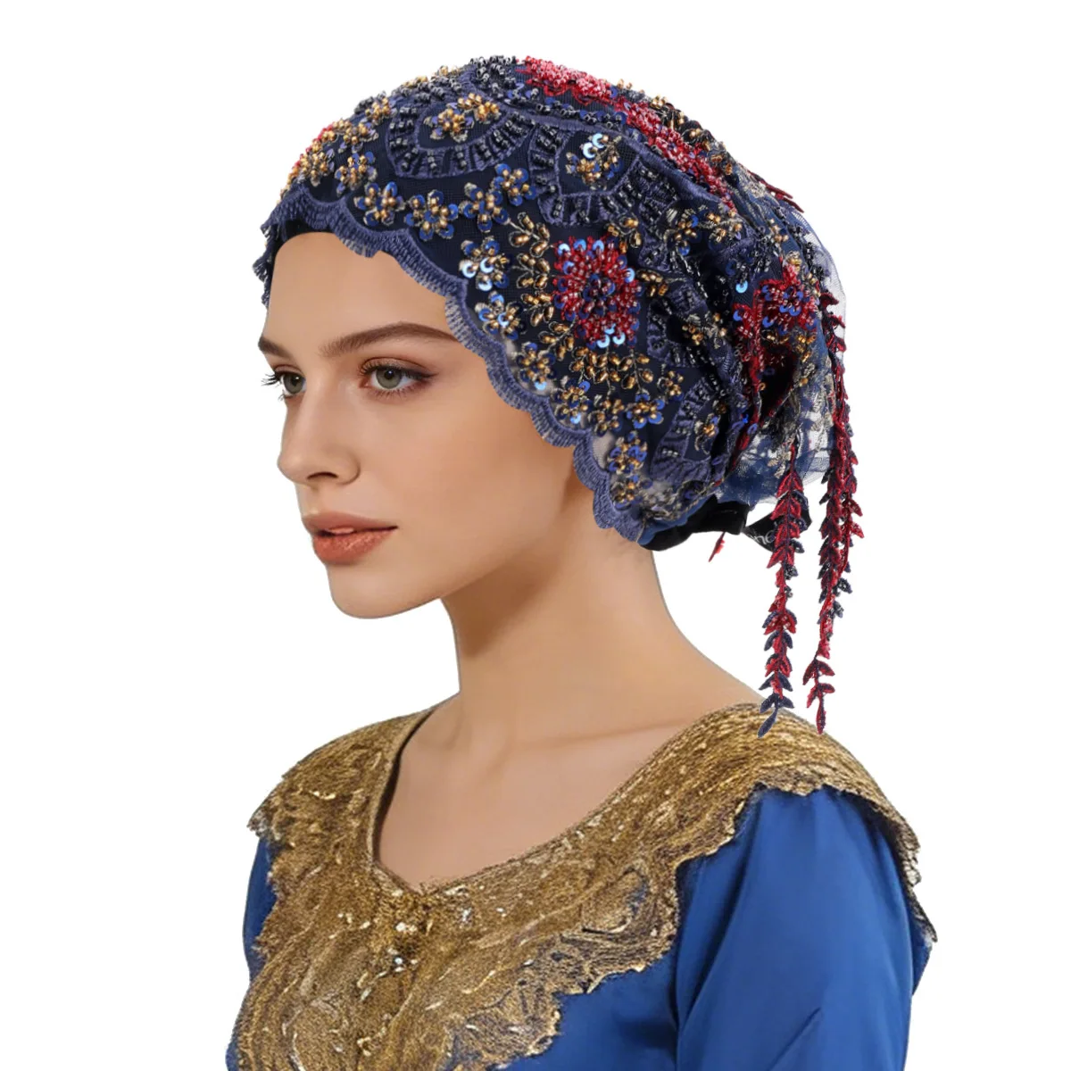 Hot Sale Fishtail Fringe New Embroidered Hand Stitched Turban Hat, Fashion Lace Headwrap Cross Border