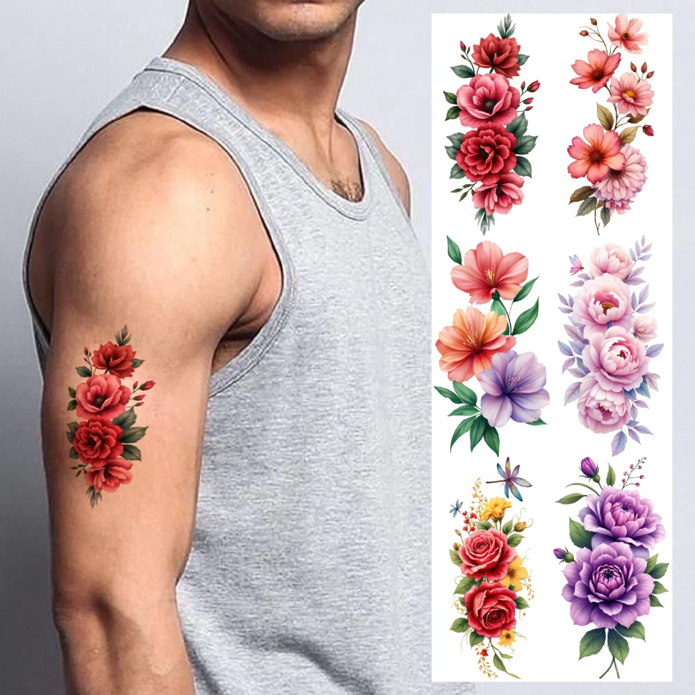 

9pcs Temporary Tattoo Tulips Waterproof Long-lasting Body Stickers Green Leaves Pink Flowers Colorful Floral Arrangement For