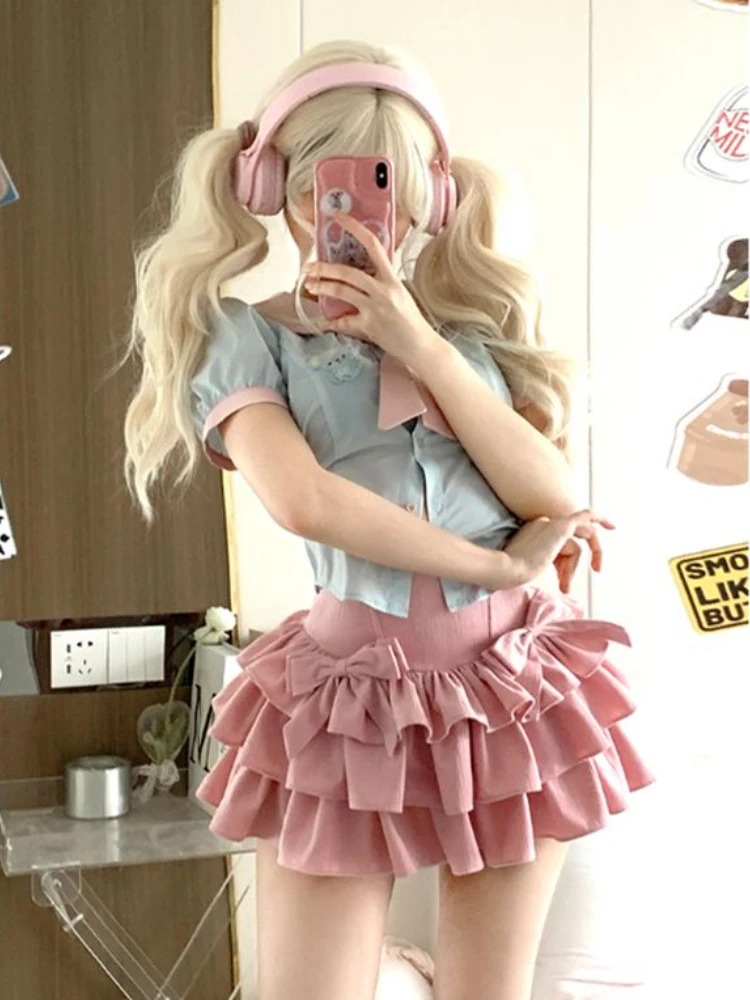 

HOUZHOU Pink Kawaii Skirt Women Ruffle Patchwork Layered Bow High Waist Cute Mini Skirt Shorts Harajuku Japanese Style Soft Girl