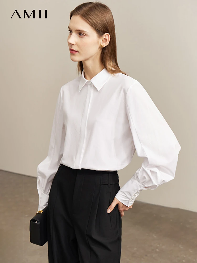 

AMII Minimalism Office Lady Shirts & Blouses Fashion Woman Blouse 2023 Spring New Turndown Collar Solid White Shirt 72351003