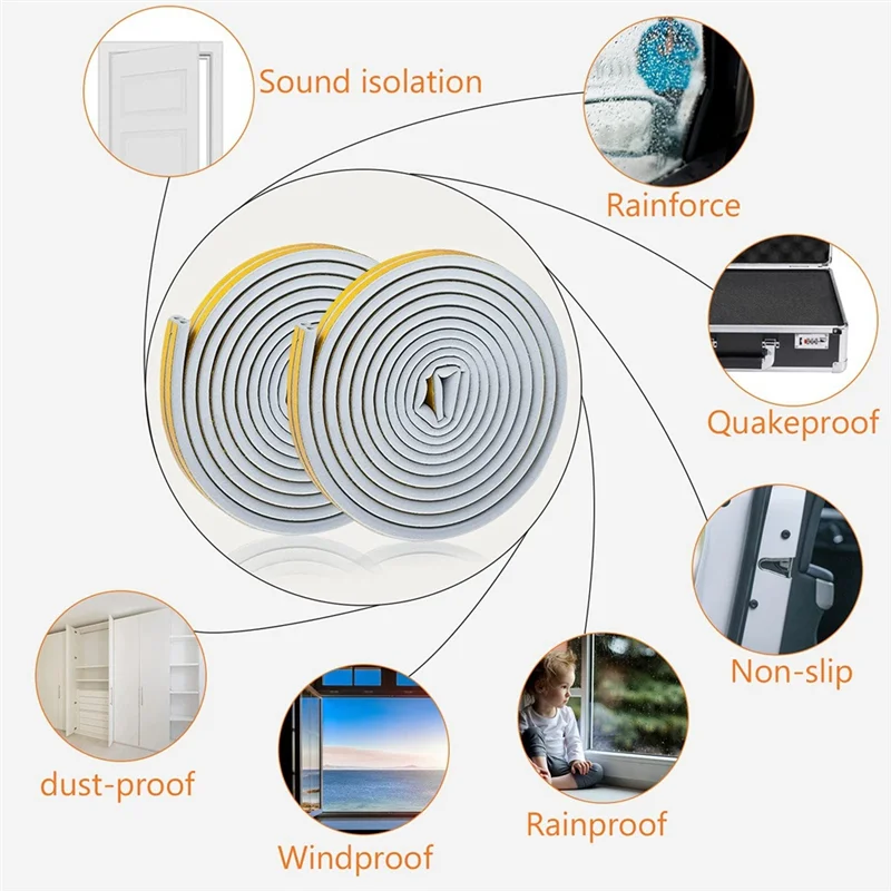 8 rolos 10 m excluído de rascunho para portas e janelas, fita excluída de borracha fita de espuma adesivos de carro vedação cinza
