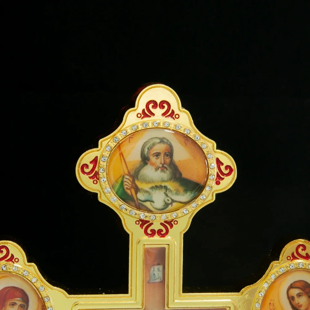 HTISOK Orthodoxes Kreuz mit Jesus-Kruzifix, Jungfrau-Maria- und Johannes-Die-Baptist-Ikonen, Edelstein-Intarsien, Hochwertiges religiöses Geschenk – Detail 8