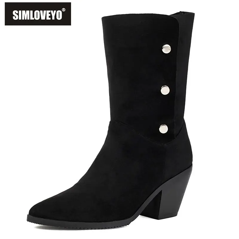 SIMLOVEYO New Women Mid Calf Boots Pointed Toe 7cm Chunky Heels Button Double Wear Flock Suede Large Size 44 45 46 Daily Winter